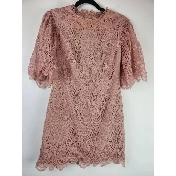 Dress The Population Knee Length Pink Lace Bell Sleeve Dress - Picture 1 of 6